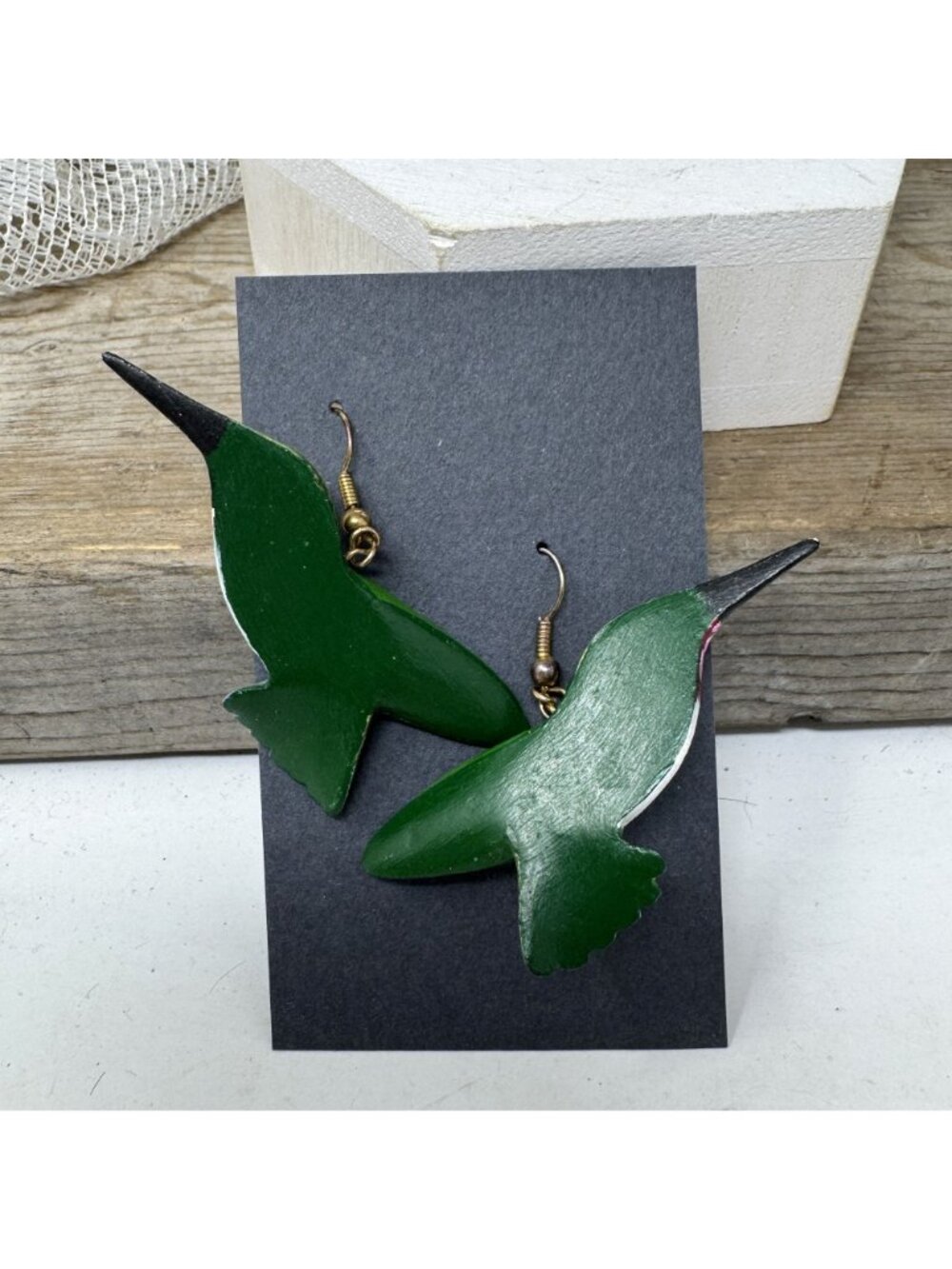 Hummingbird Hand Painted Wood Earrings Pierced French Wires - Picture 4 of 6